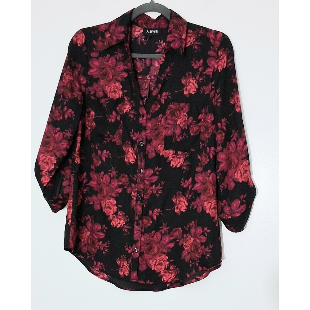 A. Byer Blouse Women's Medium Black Pink Floral Red Semi Sheer Roll Tab Sleeves